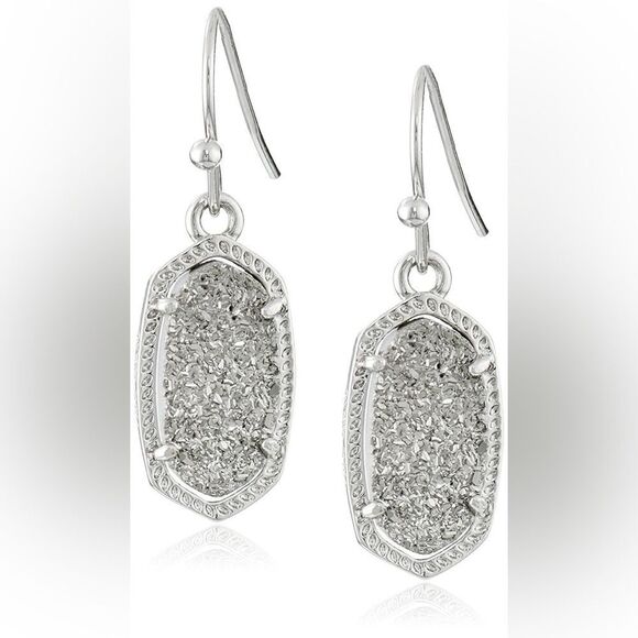 Kendra Scott Signature Lee Rhodium Plated Platinum Drusy Drop Earrings - Picture 1 of 3